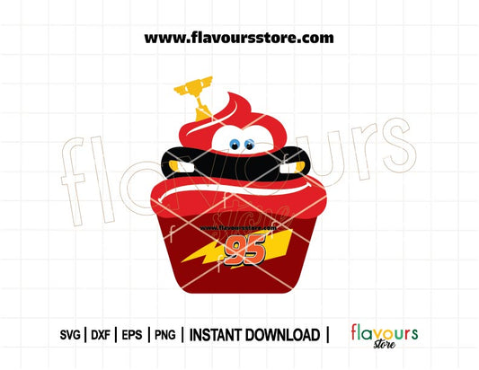 Lightning McQueen Cupcake SVG – Disney Cars birthday cut file for Cricut and Silhouette projects, includes PNG, EPS, DXF, JPG