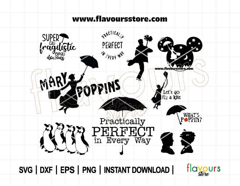 Mary Poppins Svg Bundle, Practically Perfect In Every Way, Dancing Penguins, Mary Poppins and Bert silhouette, decals stickers DIY Cricut