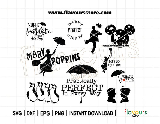 Mary Poppins Svg Bundle, Practically Perfect In Every Way, Dancing Penguins, Mary Poppins and Bert silhouette, decals stickers DIY Cricut