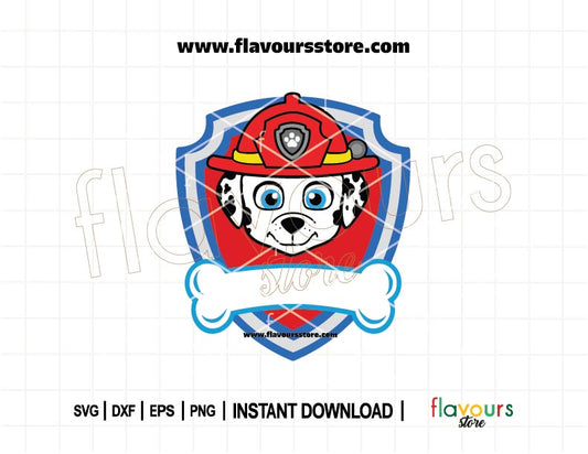 Paw Patrol Marshall Logo SVG featuring Dalmatian with custom name option for personalized birthday crafts, party decorations, and DIY gifts.