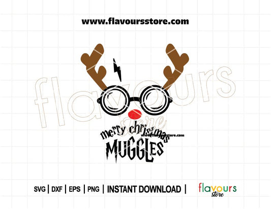 Merry Christmas Muggles SVG featuring a Harry Potter-themed reindeer in a festive design. Perfect for Cricut DIY holiday projects and gifts.