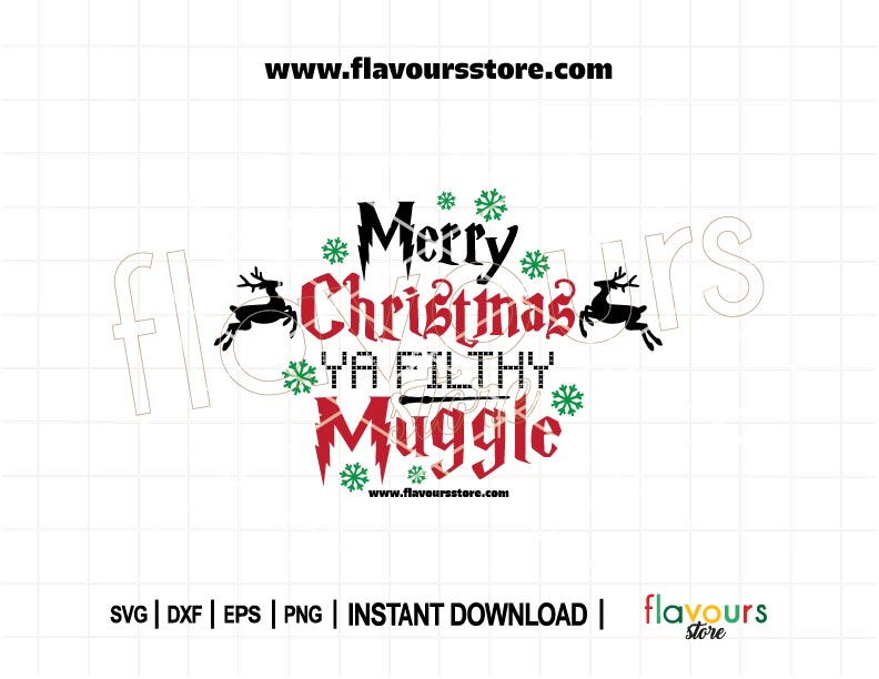 Funny "Merry Christmas Ya Filthy Muggle" SVG with wizard and Christmas elements, designed for Cricut/Silhouette holiday crafts and Harry Potter fans.