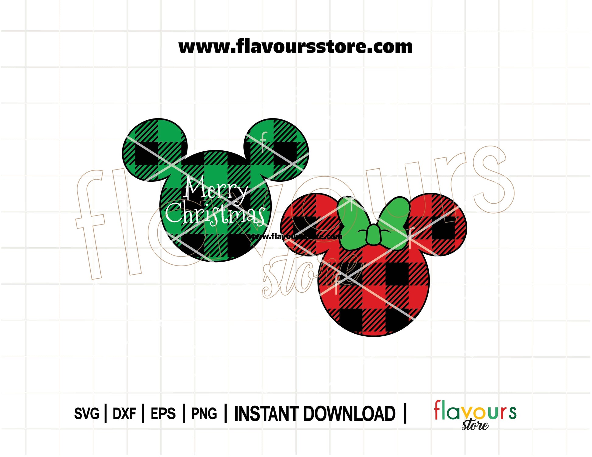 Mickey and Minnie Mouse ears in red and black buffalo plaid style, holiday-themed SVG cut file for Christmas crafts with Cricut or Silhouette.
