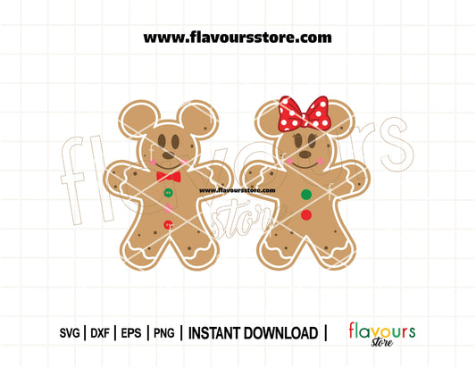 Mickey and Minnie Mouse shaped like decorated gingerbread cookies wearing Christmas accessories, SVG cut file for Cricut baking crafts.