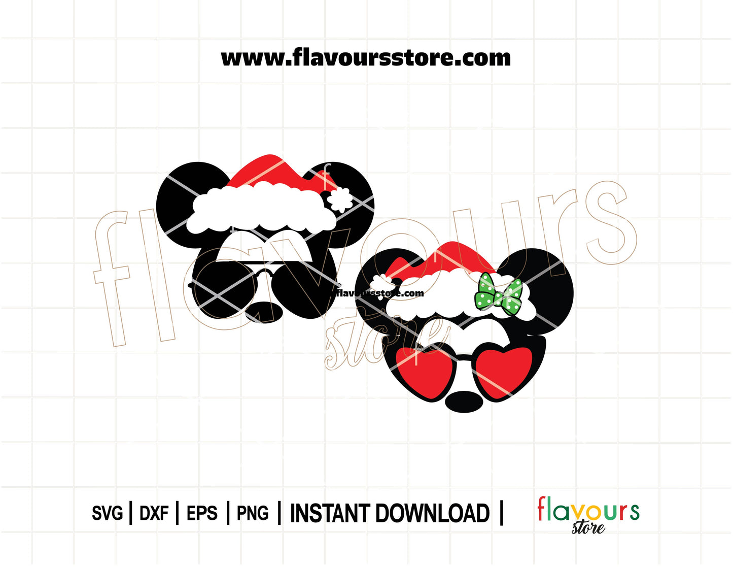 Mickey and Minnie silhouettes wearing festive Christmas sunglasses, fun SVG cut file for Cricut and Silhouette holiday projects.