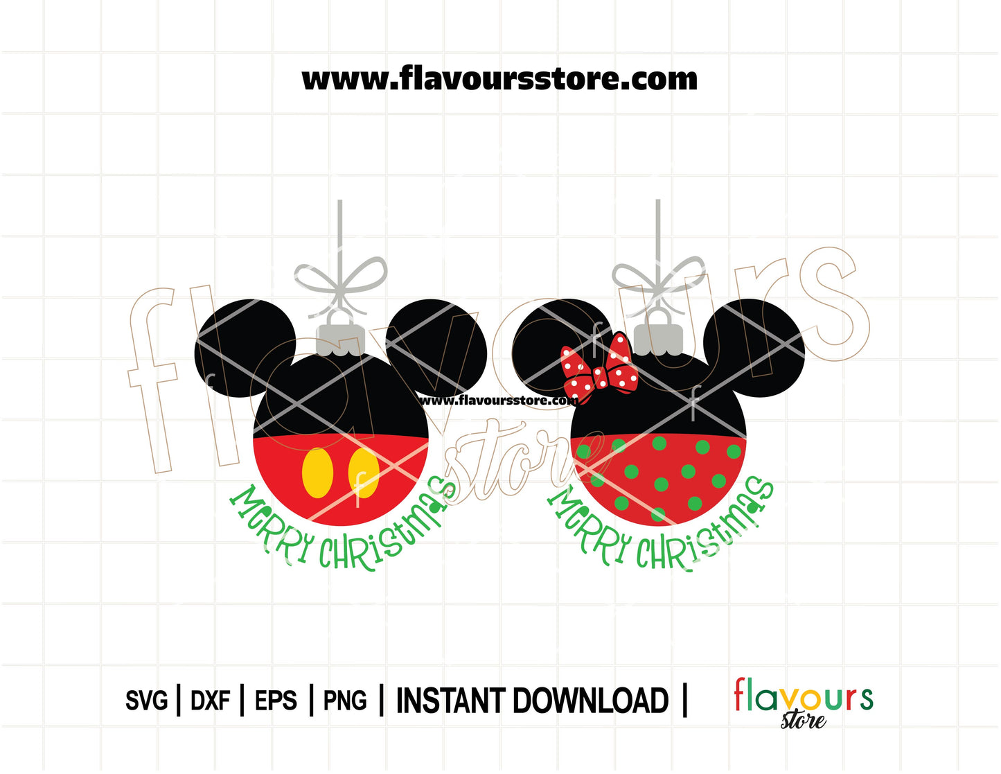 Mickey and Minnie Merry Christmas ornament SVG with festive colors for Cricut holiday crafts and Disney decor.