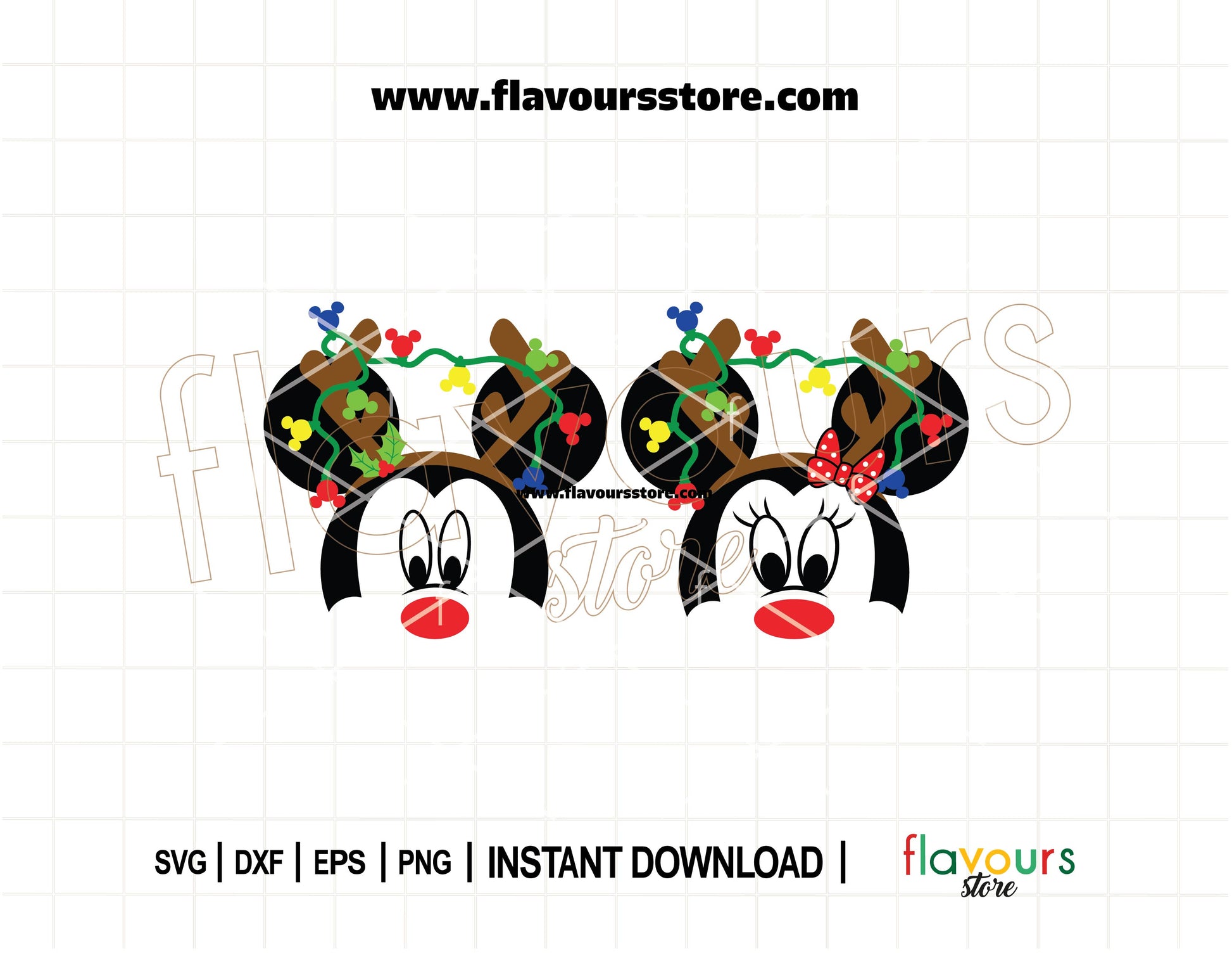 Mickey and Minnie dressed as reindeer tangled in Christmas lights SVG cut file for Cricut and Silhouette holiday projects.