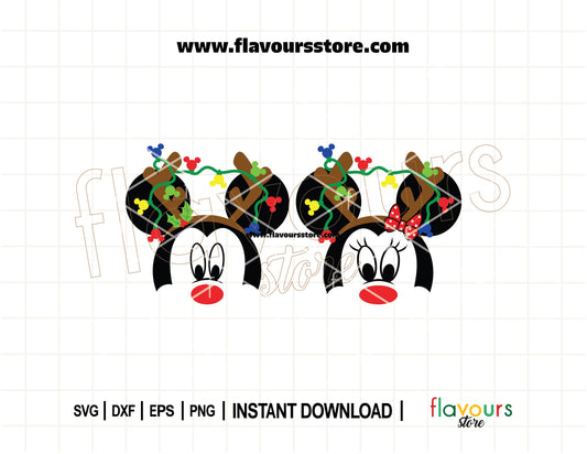Mickey and Minnie dressed as reindeer tangled in Christmas lights SVG cut file for Cricut and Silhouette holiday projects.