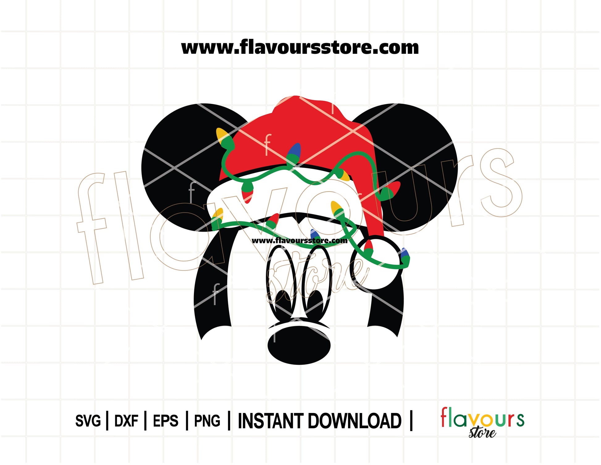 Mickey Mouse Christmas SVG wearing a Santa hat and wrapped in colorful lights, perfect for holiday Cricut crafts and decor.
