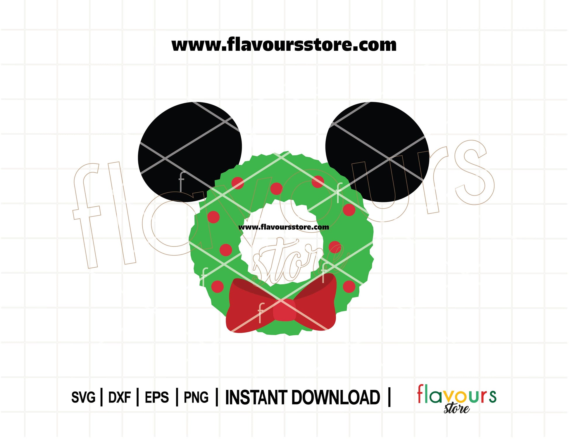 Festive Mickey Mouse Christmas wreath SVG with ears, bow, and ornaments, ideal for holiday Cricut and Silhouette crafts.