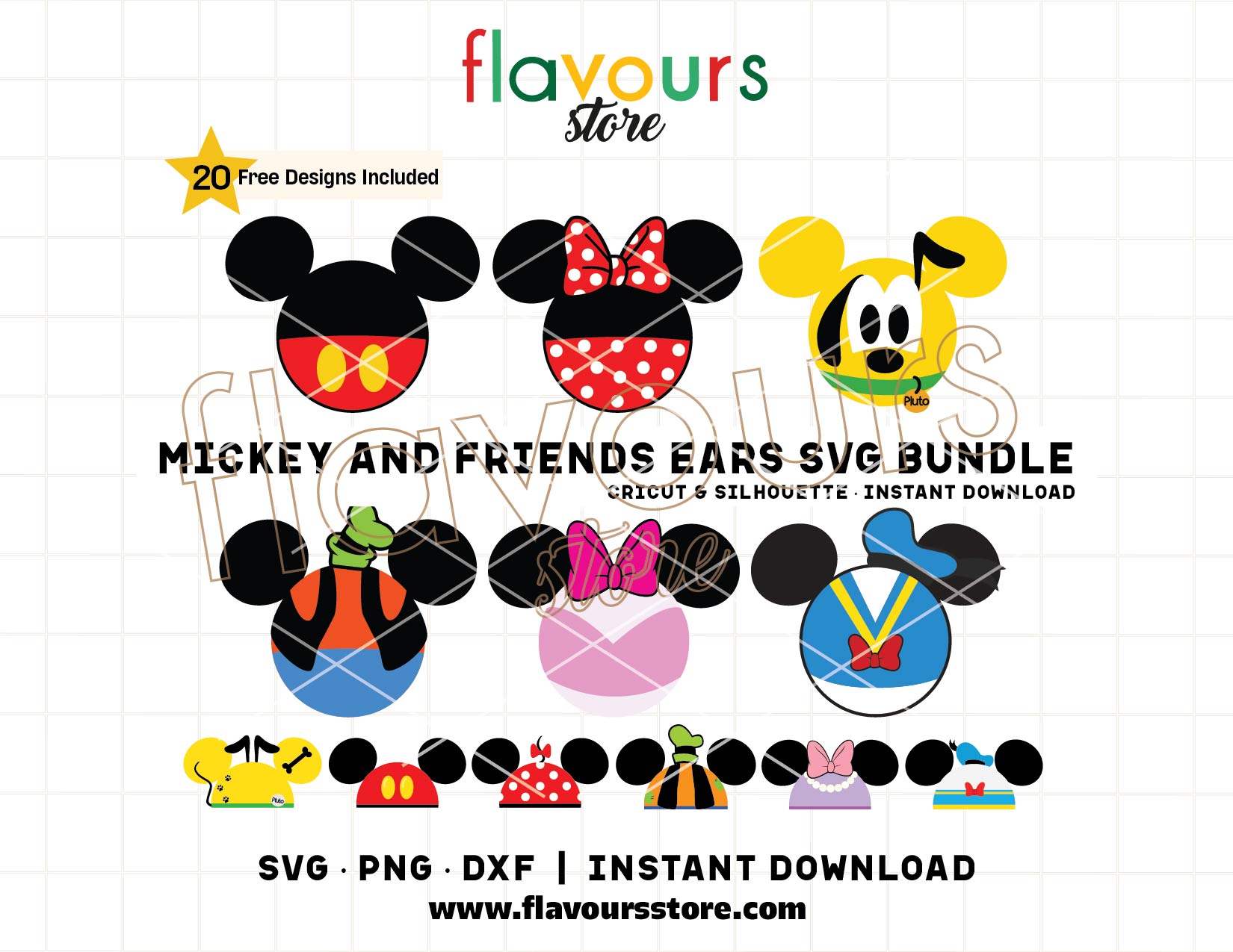 Mickey and Friends ears SVG bundle with mouse head designs inspired by Minnie, Mickey, Pluto, Donald and Goofy for Cricut