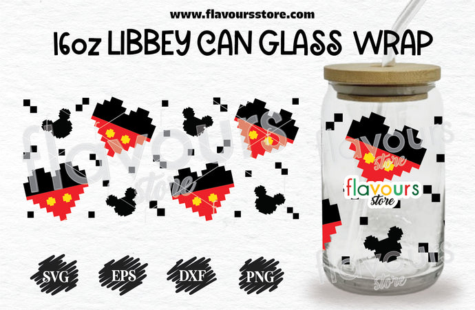16oz Libbey Can Cup Wrap | Libbey Wrap Svg | Mickey Pixeled Heart Svg