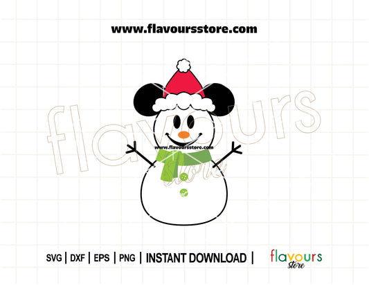 SVG of Mickey Mouse snowman with scarf and hat, perfect for Disney Christmas Cricut crafts and holiday DIY gifts