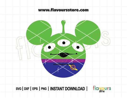 Alien Mickey Ears SVG Cut File featuring Toy Story's Green Alien wearing Mickey Mouse ears – perfect for Cricut and Silhouette DIY Disney projects.