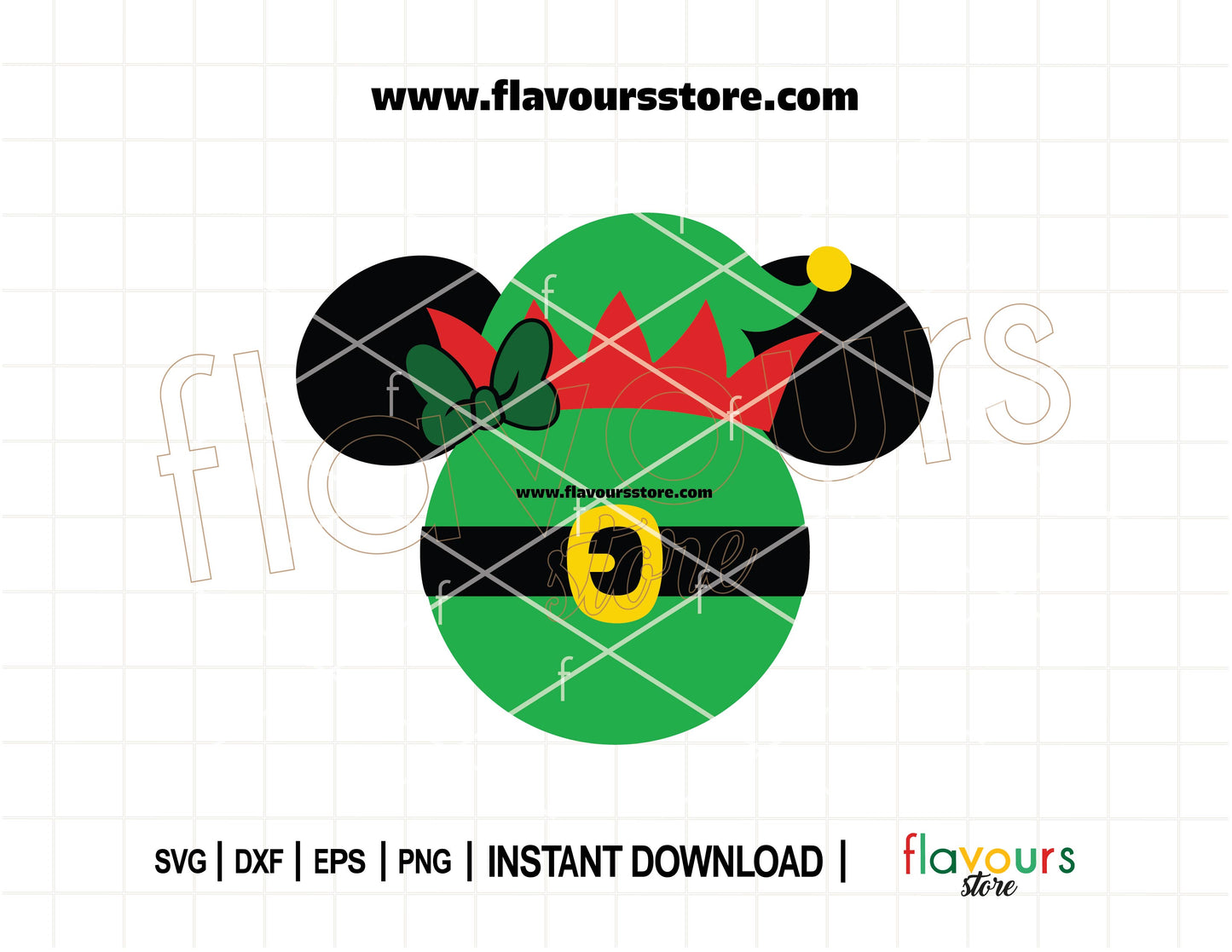 Minnie Mouse Christmas SVG featuring elf ears and a bow, designed for Cricut and Silhouette holiday projects