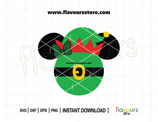 Minnie Mouse Christmas SVG featuring elf ears and a bow, designed for Cricut and Silhouette holiday projects
