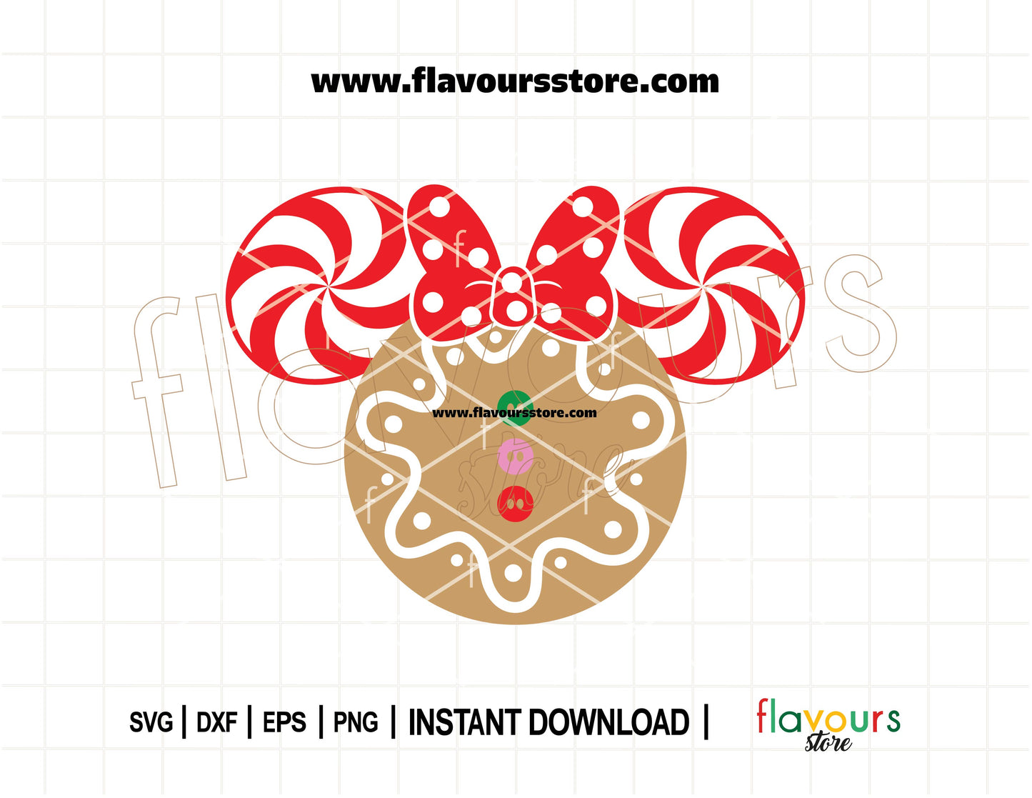 Minnie gingerbread cookie SVG with peppermint candy ears and red bow, perfect for Disney Christmas Cricut and Silhouette projects