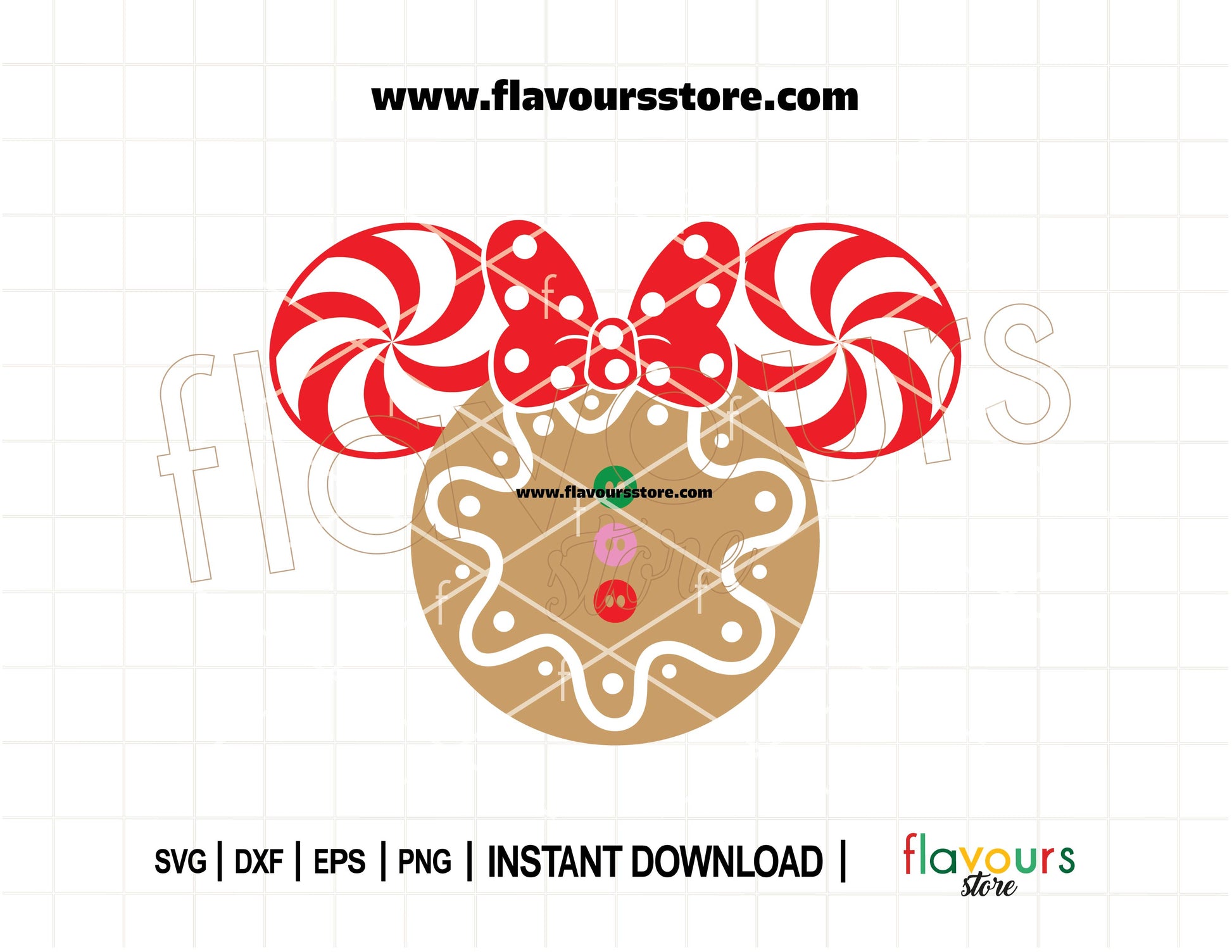 Minnie gingerbread cookie SVG with peppermint candy ears and red bow, perfect for Disney Christmas Cricut and Silhouette projects