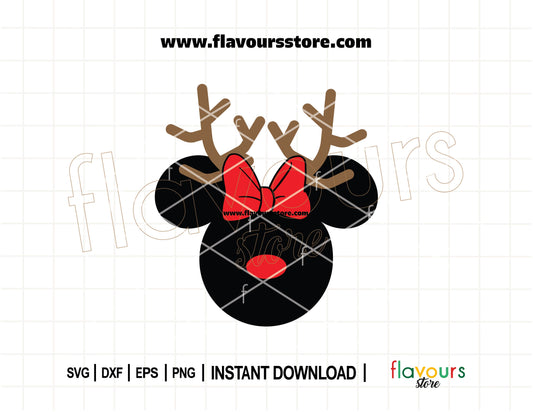 Minnie Mouse with reindeer antlers and red bow – Christmas SVG perfect for Cricut holiday shirts and festive Disney projects