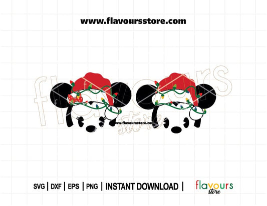 Baby Minnie and Mickey in Santa hats wrapped in colorful Christmas lights, perfect holiday SVG for Cricut and Silhouette projects