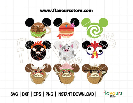 Moana Bundle Ears SVG, Charming Swirl, Maui Ears, Hei Hei and Kakamora Designs for Cricut, Instant Download