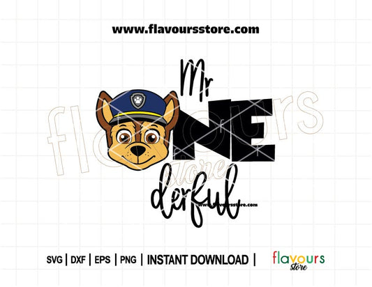 Mr Onederful Chase Paw Patrol SVG for 1st birthday shirt, Cricut Silhouette cut file, instant digital download