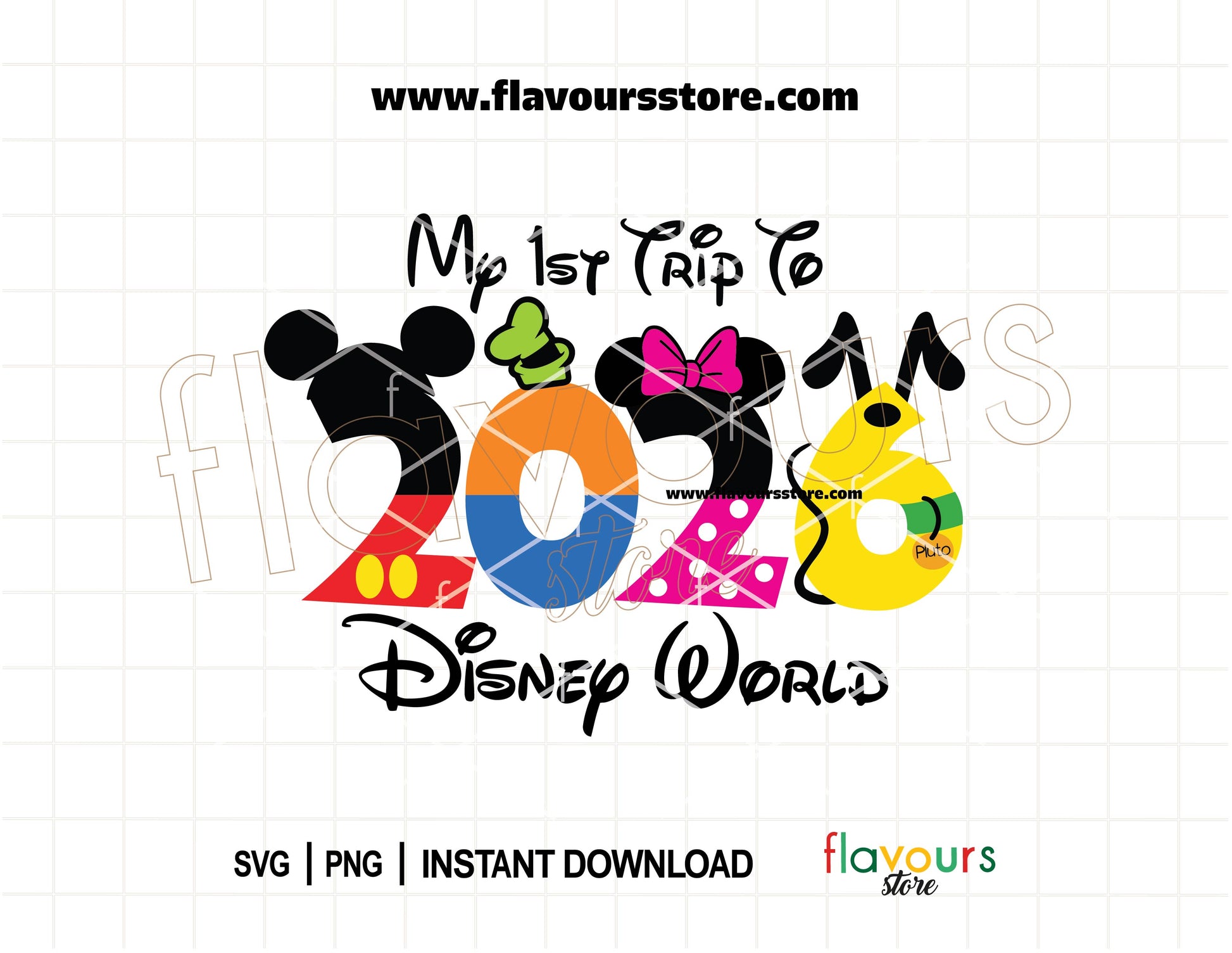 My First Disney Trip 2026 SVG featuring Mickey Minnie Pluto and Goofy for family vacation shirts and mouse ears, Cricut and Silhouette cut files