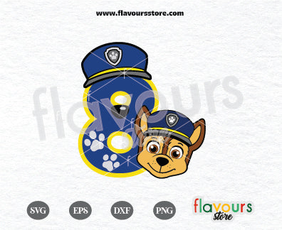 Number 8 Chase Svg, Birthday Boy Chase, Kids cartoon Svg, Paw Patrol Cartoon Svg, Paw Patrol SVG Cut File