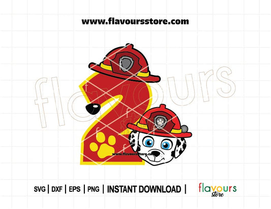 2nd Birthday Marshall Paw Patrol SVG – Number 2 birthday design with Marshall the pup – Perfect for birthday shirts, party favors, and crafts.