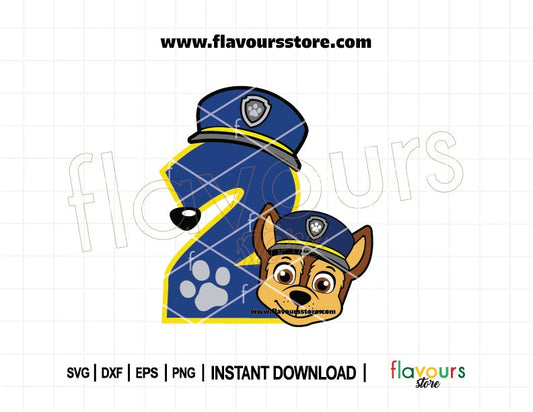 Number 2 Chase Paw Patrol SVG for 2nd birthday boy shirt, Cricut Silhouette cut file, instant download