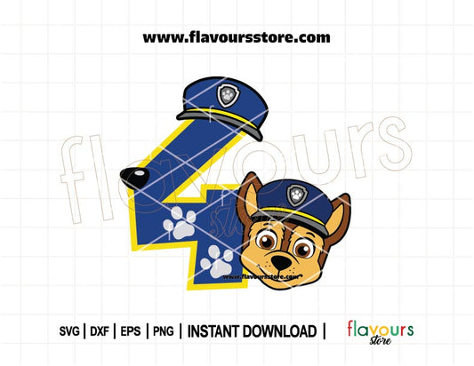 Number 4 Chase Paw Patrol SVG for 4th birthday boy shirt, Cricut Silhouette cut file, instant download