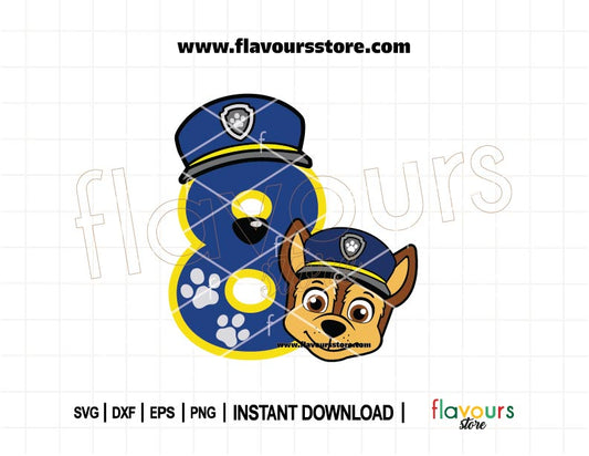 Number 8 Chase Paw Patrol SVG for 8th birthday boy shirt, Cricut Silhouette cut file, instant download