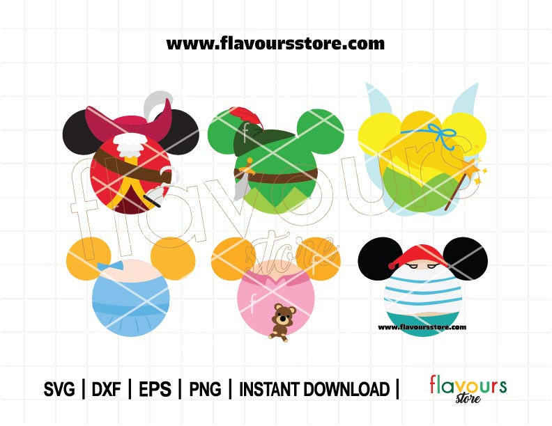 Peter Pan Mouse Ears Bundle SVG, Includes Tinkerbell & Captain Hook, Fun Ears Cut Files for Cricut