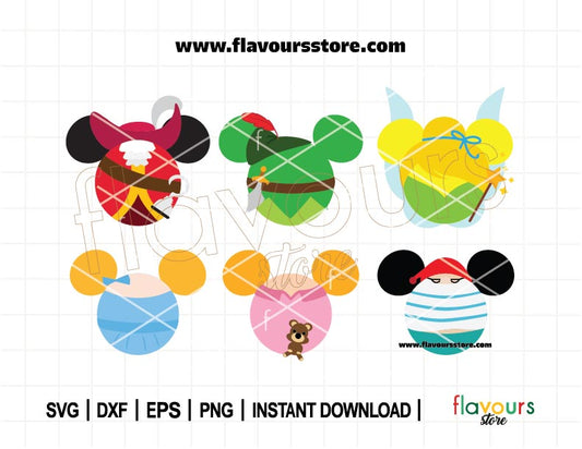 Peter Pan Mouse Ears Bundle SVG, Includes Tinkerbell & Captain Hook, Fun Ears Cut Files for Cricut
