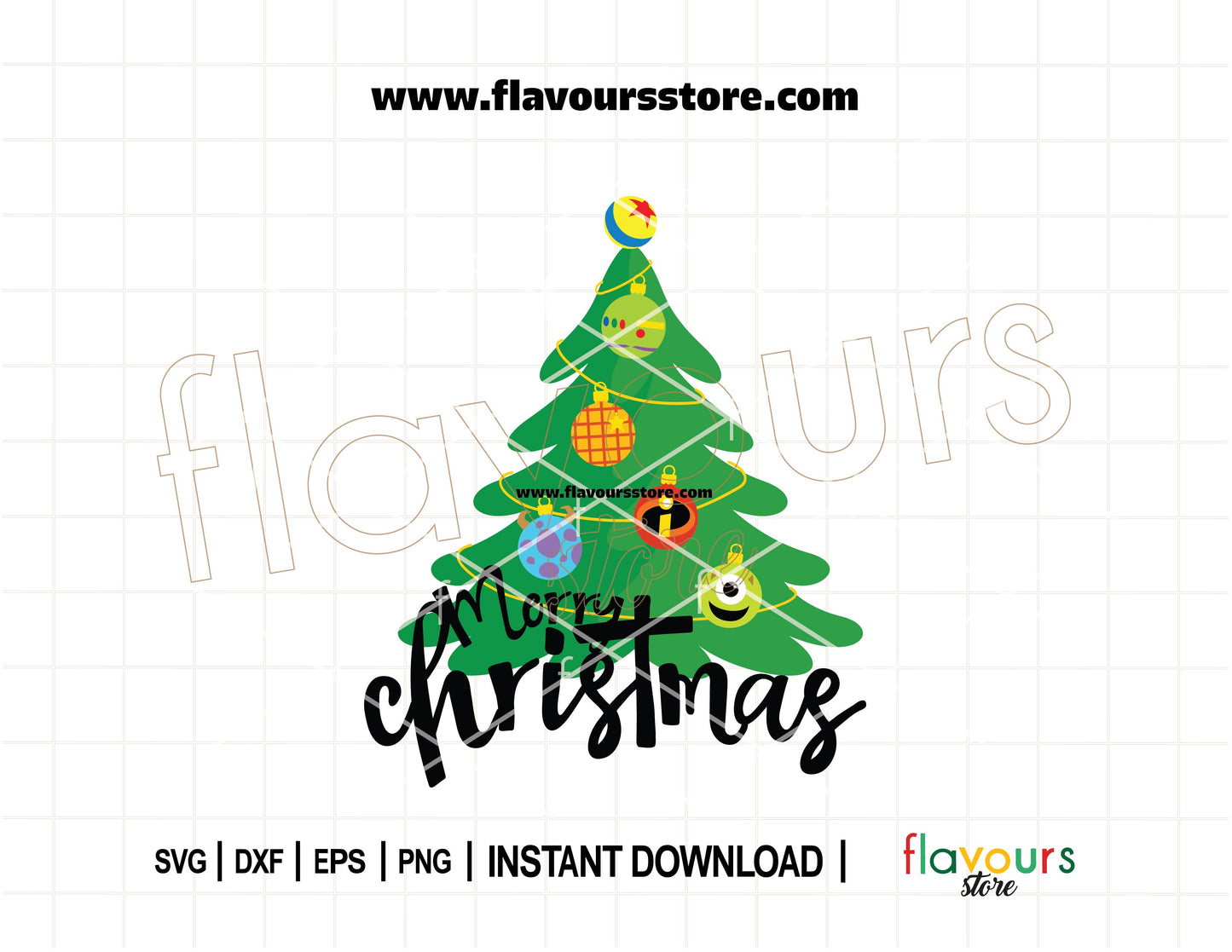 Pixar Christmas tree SVG cut file featuring Disney-inspired ornaments from Toy Story, Monsters Inc, and other Pixar movies, perfect for Cricut and Silhouette holiday crafts
