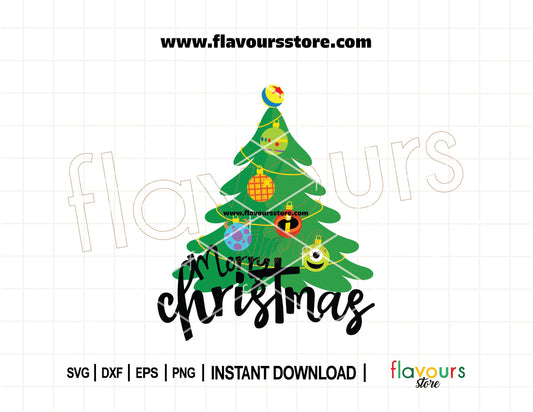 Pixar Christmas tree SVG cut file featuring Disney-inspired ornaments from Toy Story, Monsters Inc, and other Pixar movies, perfect for Cricut and Silhouette holiday crafts
