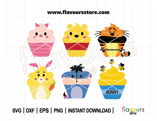 Pooh Friends Cupcakes Bundle SVG, Snack, Birthday Svg, Tigger Svg, Piglet Svg, Cupcakes Clipart, SVG Cut File For Cricut