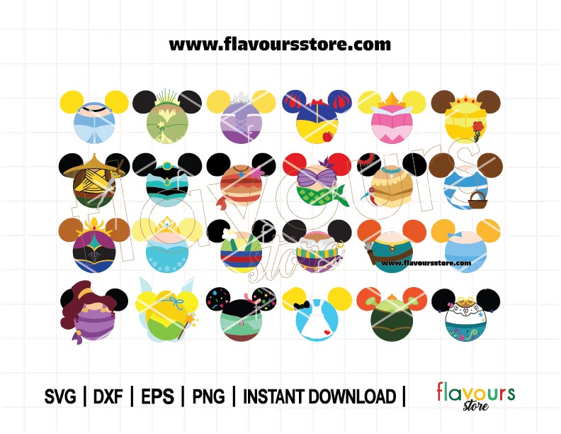 Disney Princess Ears Bundle SVG Cut File, 24 Cut Files Featuring Your Favorite Characters, Perfect for Cricut Crafting & Magical Themed Gifts