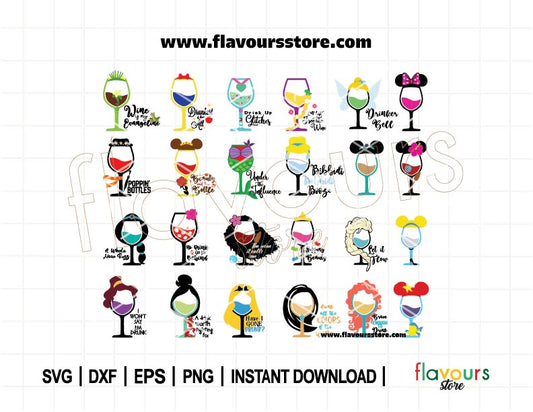 Princess Glass Bundle Svg, 24 Designs, Glass Cup SVG, Princess Clipart, Funny Quote, Tshirt Design Svg, Cut File Cricut, Digital Download
