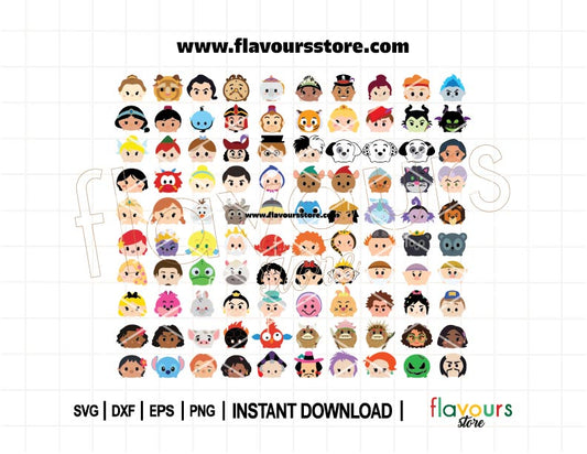 Cute 100 Tsum Tsum SVG bundle with Disney princess and villain characters in kawaii style for Cricut and Silhouette crafts, t-shirt designs, and party decor.