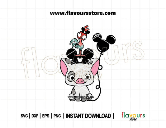 Cute Moana-inspired Pua SVG design with mouse ears, balloons, and a funny quote for Cricut and Silhouette crafts like t-shirts and mugs.
