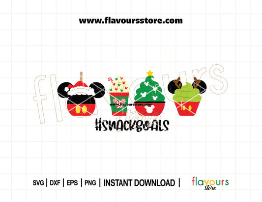 Disney-style Christmas snacks SVG design with Mickey gingerbread, candy canes, and cupcakes, featuring the phrase "Snack Goals" for Cricut holiday crafting