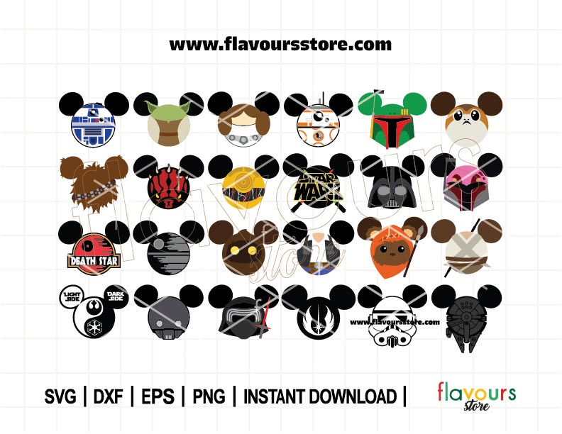 Star Wars Mouse Ears SVG Bundle – Yoda, Darth Vader, Princess Leia, R2D2, BB8 – Digital Download for Cricut & Silhouette