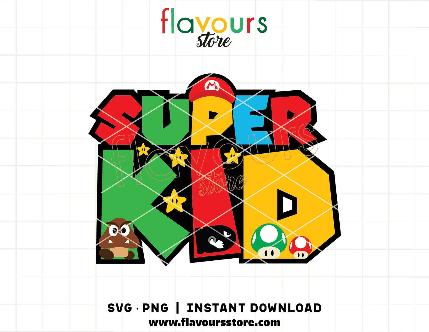 Super Kid SVG cut file featuring video game style lettering and iconic red cap graphic, layered vector design for Cricut and Silhouette children's clothing.