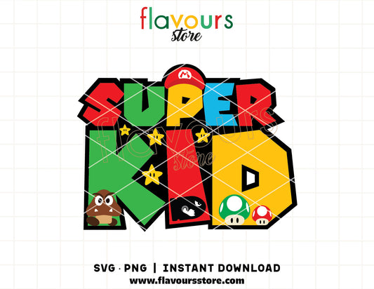 Super Kid SVG cut file featuring video game style lettering and iconic red cap graphic, layered vector design for Cricut and Silhouette children's clothing.