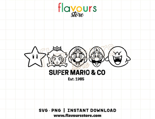 Collection of Mario Bros character silhouettes and retro video game SVG cut files for Cricut, featuring iconic character outlines and high-resolution PNG clipart for digital crafting.