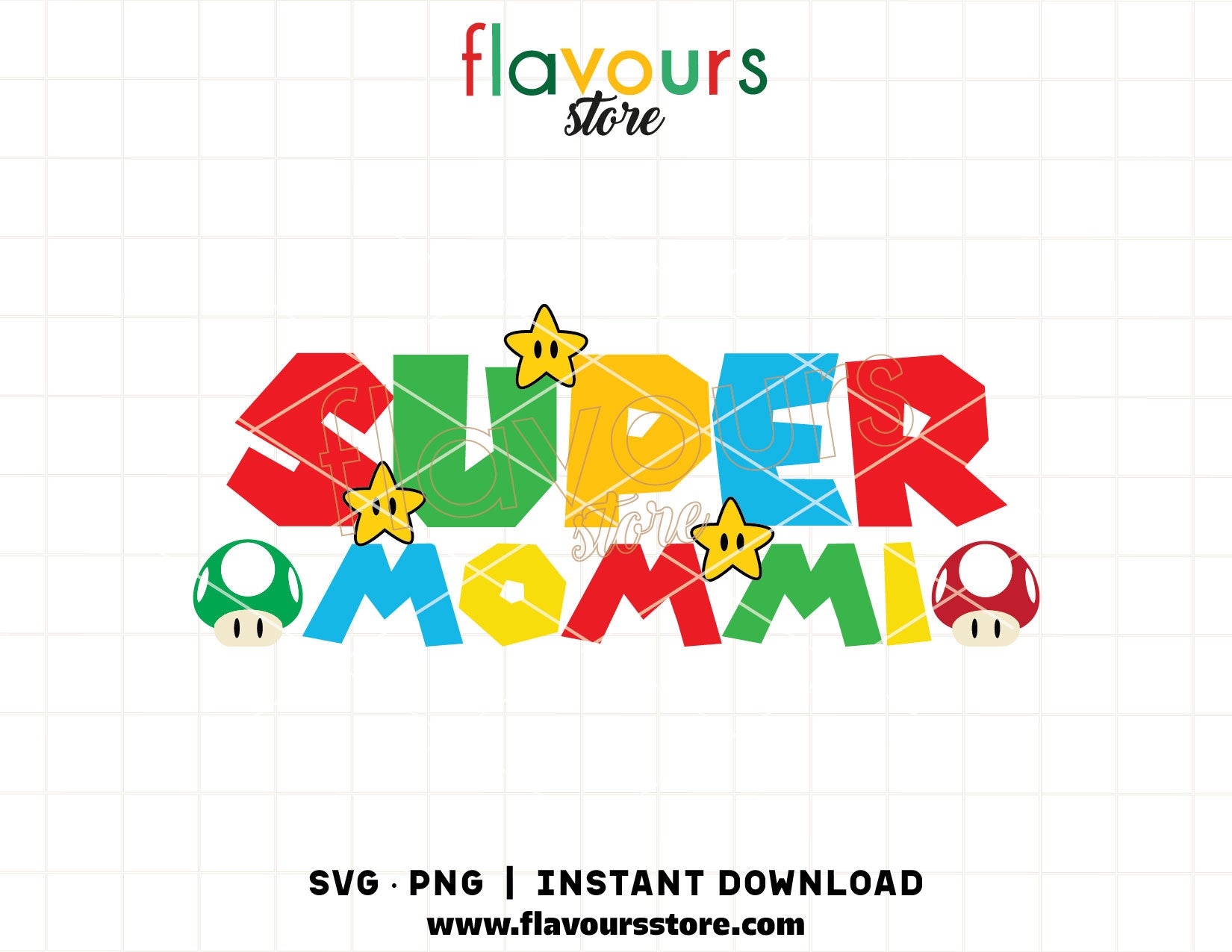 Super Mommi SVG cut file featuring video game style typography and iconic red hat motif, layered vector design for Cricut and Silhouette DIY women's apparel.