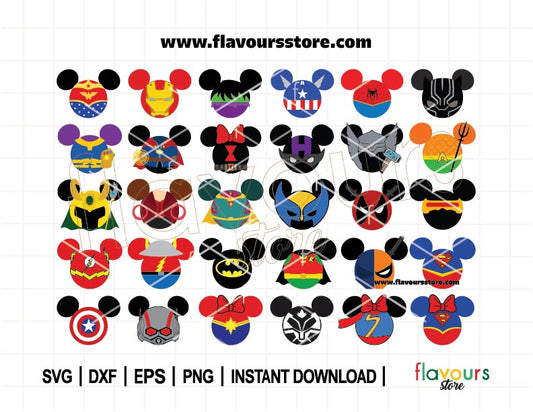 Superheroes Mouse Ears Bundle SVG, Avengers, Justice League, Fun Superhero Designs for Cricut, Perfect for T-Shirts & Gifts for Comic Fans