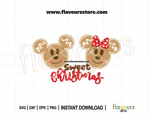 Digital SVG of Mickey and Minnie gingerbread cookie ears with festive decorations, perfect for Christmas Cricut crafts, shirts, mugs, and holiday decor