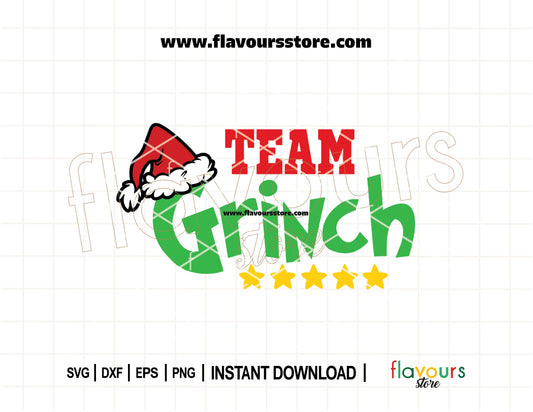 Funny digital Team Grinch SVG design with bold festive lettering, perfect for creating Christmas shirts, mugs, and party decorations using Cricut or Silhouette
